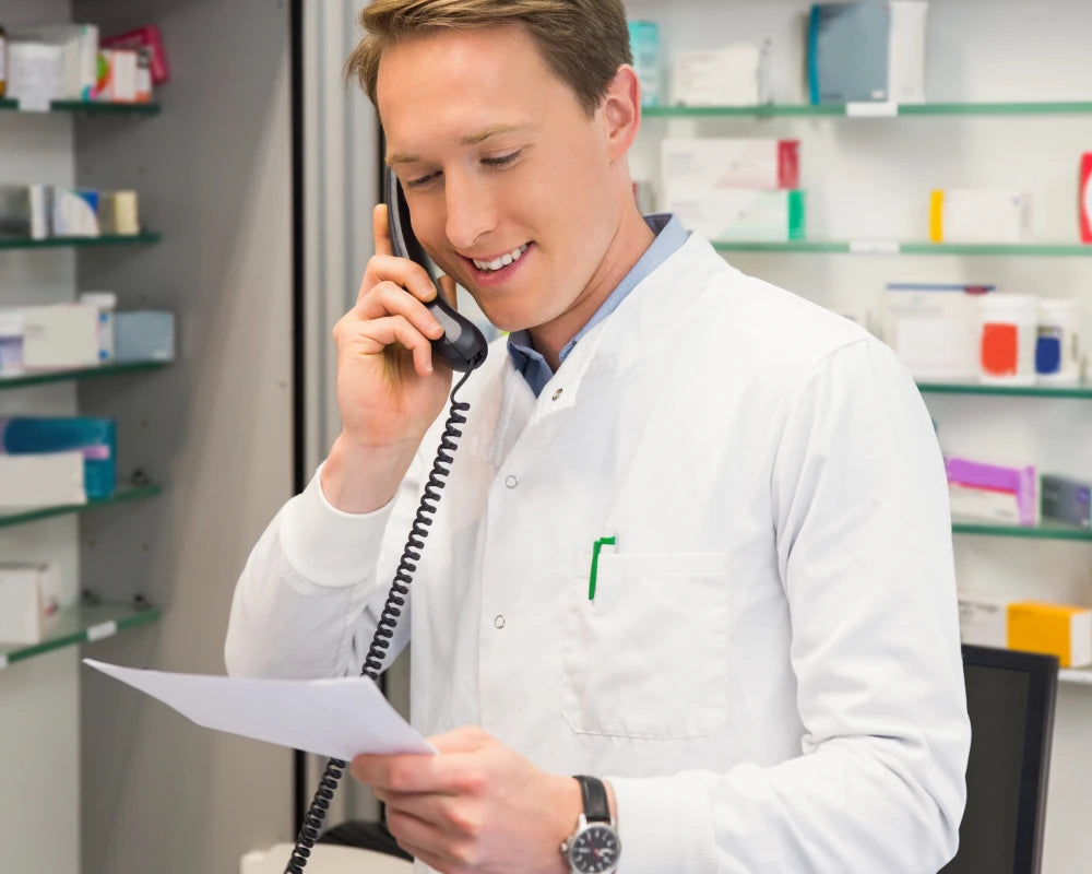 Pharmacist taking payment over the phone for medication